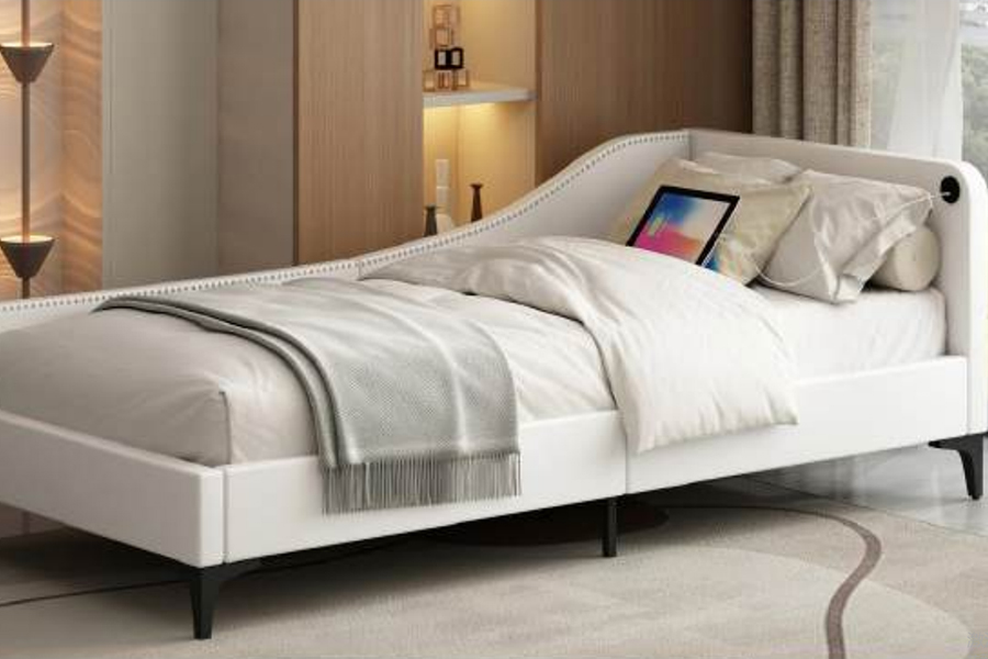 4546-3U Struttura letto imbottita in pelle a forma di L USB