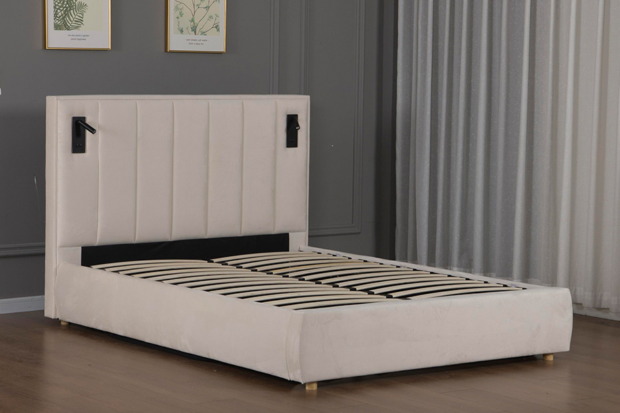 5033-1G Struttura letto imbottita moderna in morbido velluto beige con contenitore idraulico