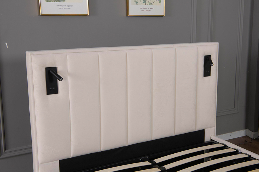 5033-1G Struttura letto imbottita moderna in morbido velluto beige con contenitore idraulico