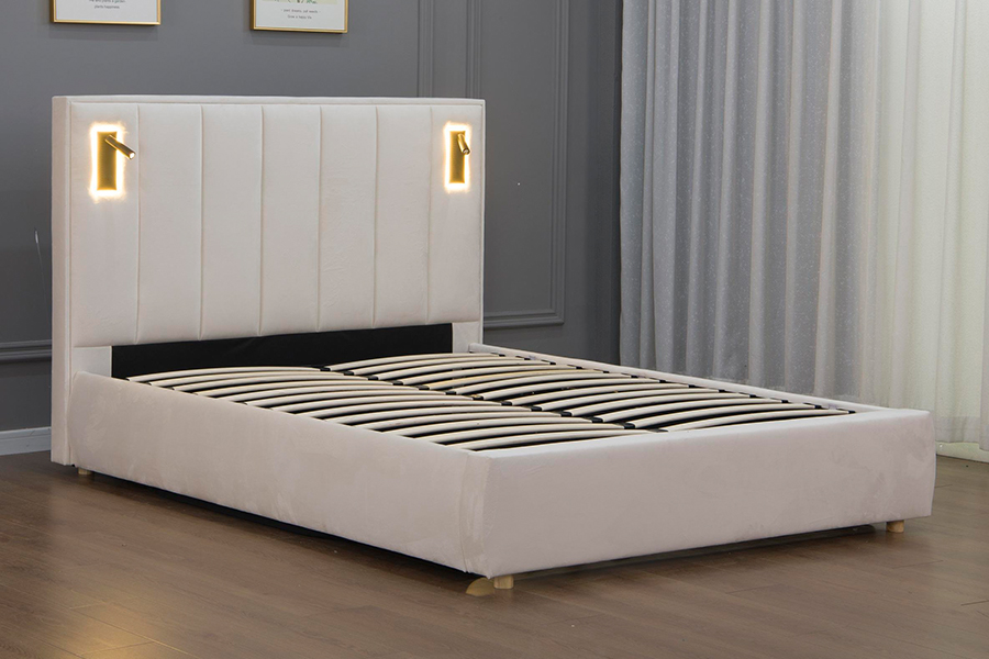 5033-1G Struttura letto imbottita moderna in morbido velluto beige con contenitore idraulico