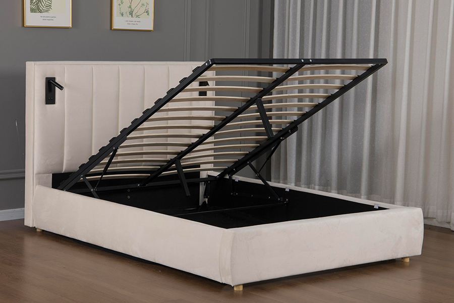 5033-1G Struttura letto imbottita moderna in morbido velluto beige con contenitore idraulico