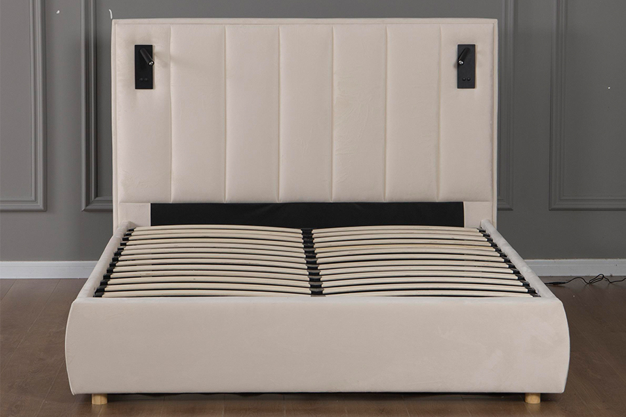5033-1G Struttura letto imbottita moderna in morbido velluto beige con contenitore idraulico