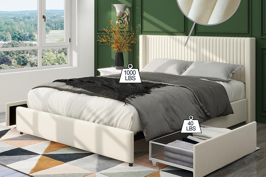 Letto imbottito moderno morbido N18 con struttura imbottita regolabile con contenitore