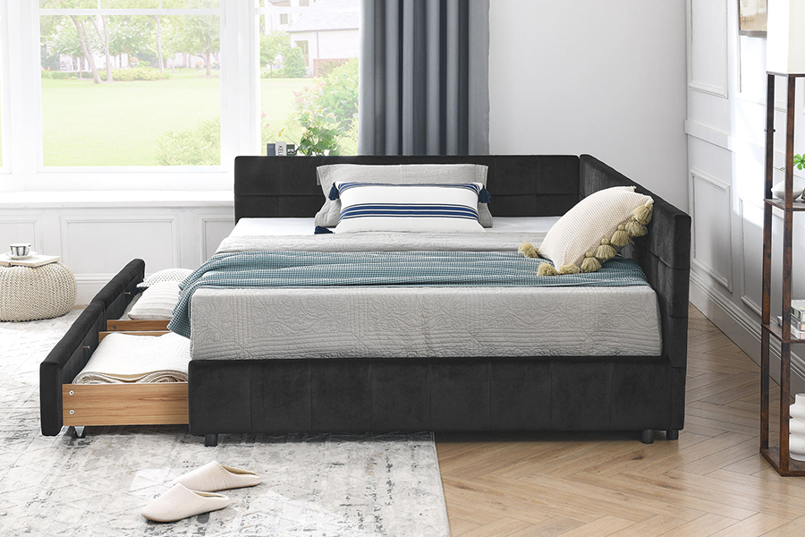 N14 Letto contenitore imbottito in velluto a forma di L, imbottito, altamente regolabile