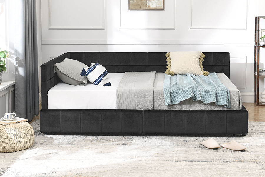 N14 Letto contenitore imbottito in velluto a forma di L, imbottito, altamente regolabile