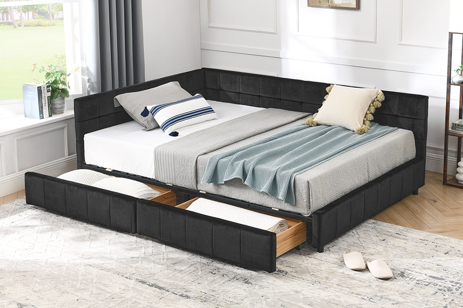 N14 Letto contenitore imbottito in velluto a forma di L, imbottito, altamente regolabile