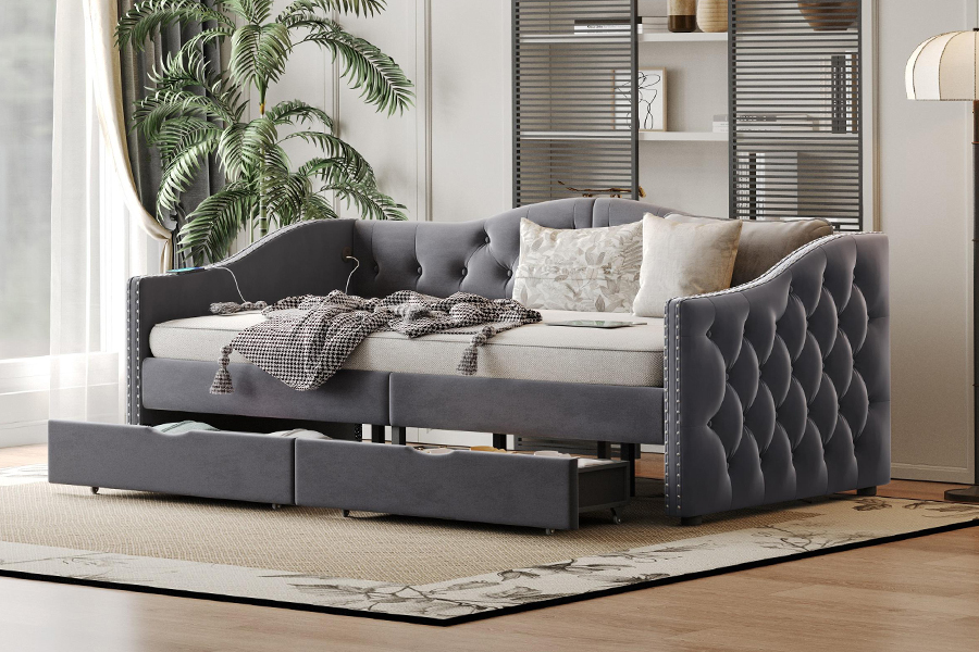 N13 Divano letto contenitore moderno con cuscino in velluto grigio europeo