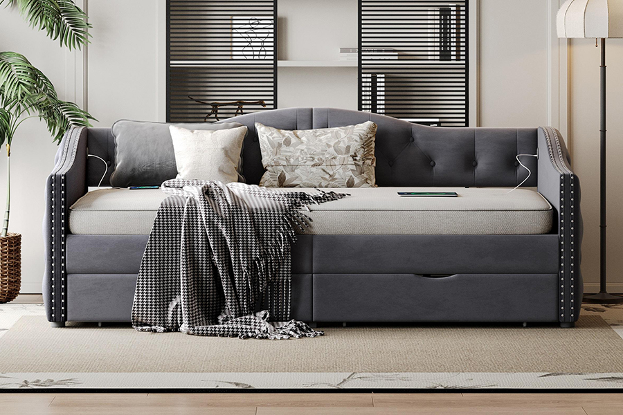 N13 Divano letto contenitore moderno con cuscino in velluto grigio europeo