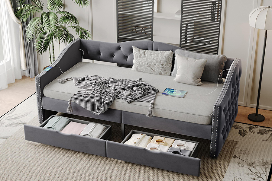 N13 Divano letto contenitore moderno con cuscino in velluto grigio europeo