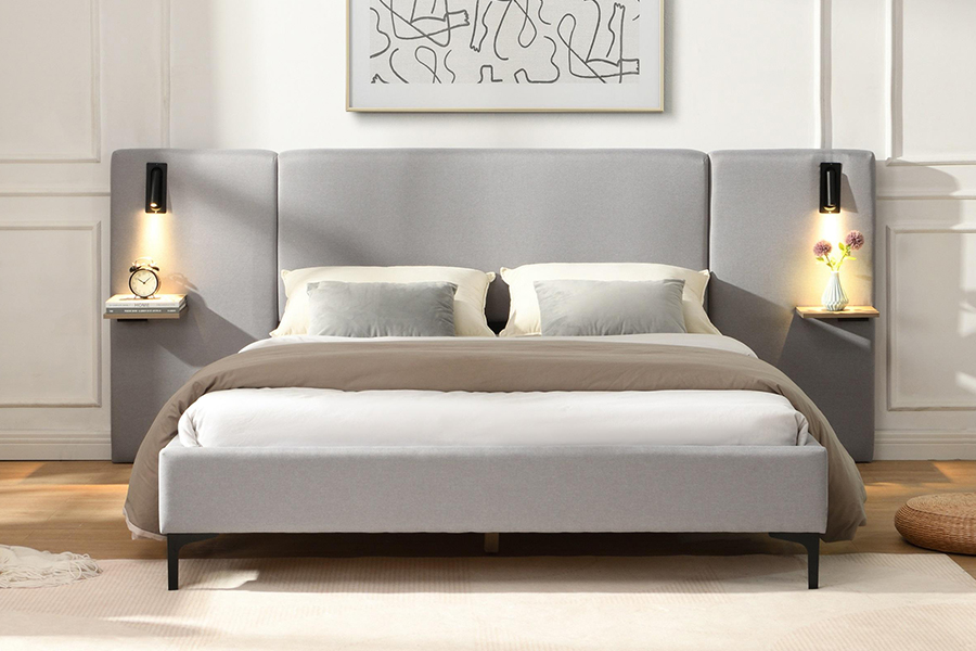 N1 Telaio letto imbottito a LED in tessuto resistente grigio scuro