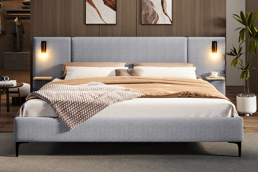 N1 Telaio letto imbottito a LED in tessuto resistente grigio scuro
