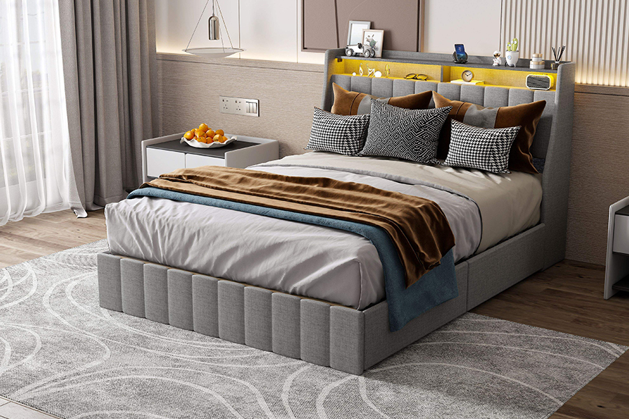 Letto in tessuto grigio N2, materiali ecologici, struttura letto imbottita a LED