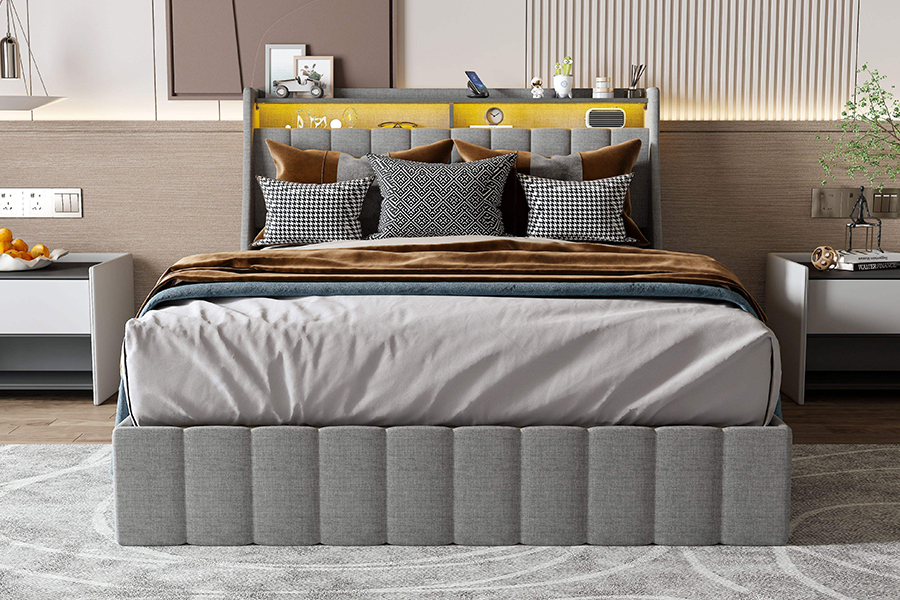 Letto in tessuto grigio N2, materiali ecologici, struttura letto imbottita a LED