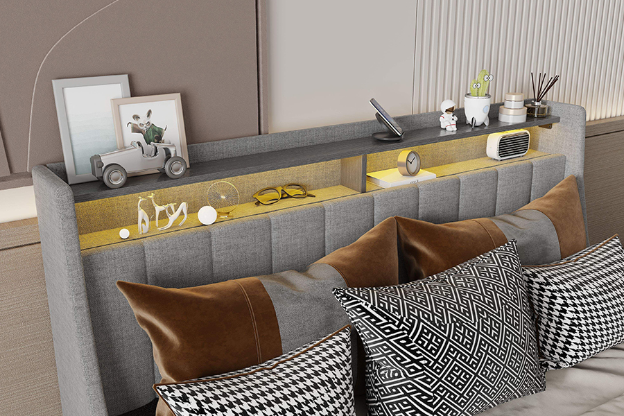 Letto in tessuto grigio N2, materiali ecologici, struttura letto imbottita a LED