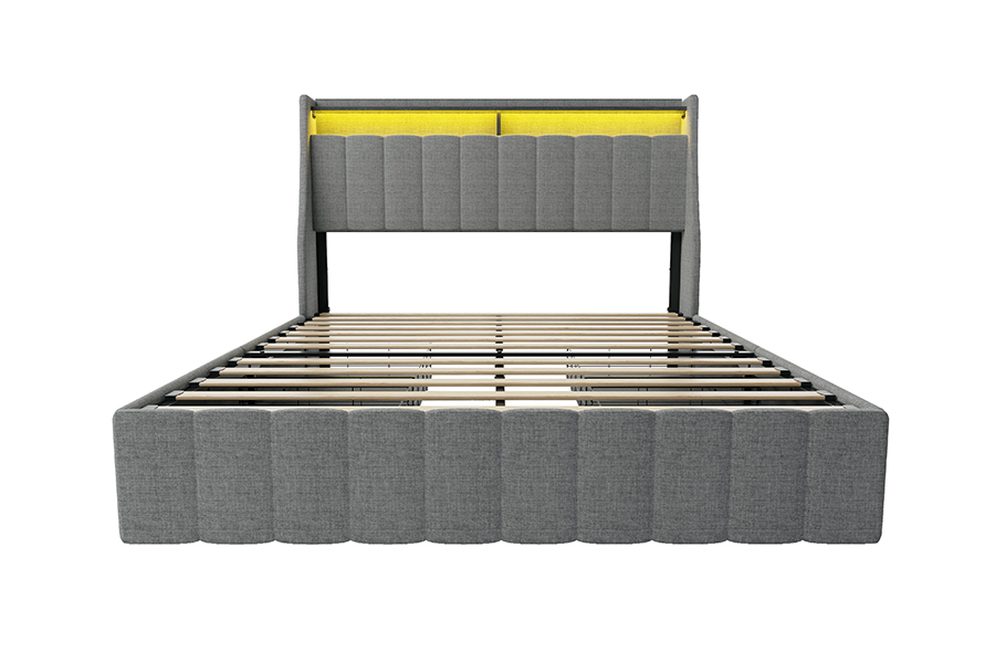 Letto in tessuto grigio N2, materiali ecologici, struttura letto imbottita a LED