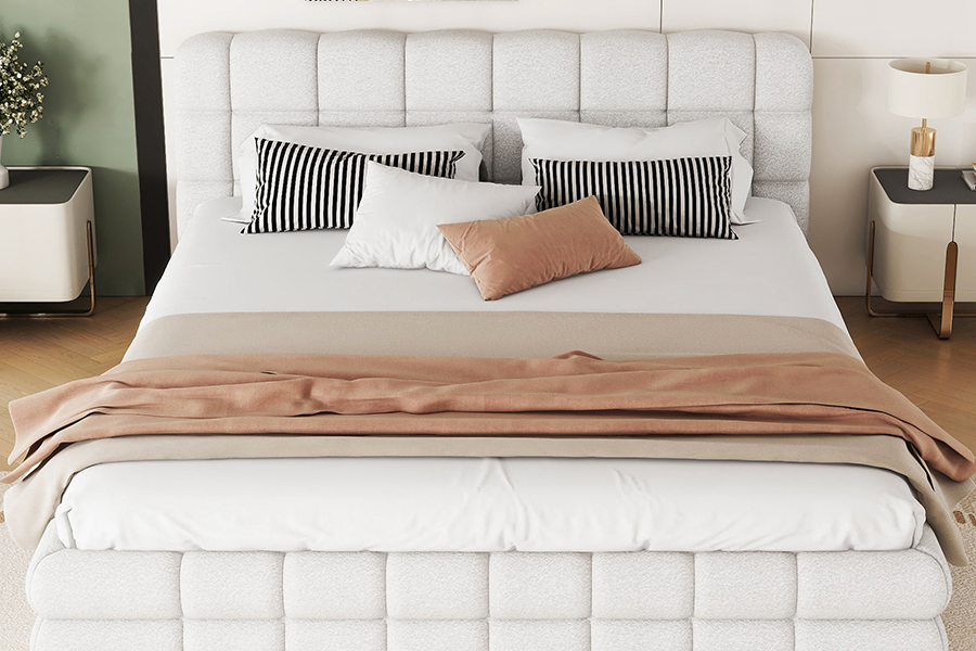 Letto con piattaforma regolabile in tessuto peluche N20, struttura letto imbottita con letto a castello estraibile