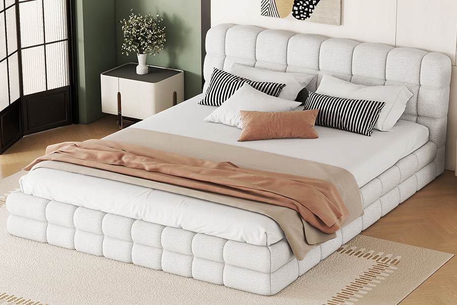 Letto con piattaforma regolabile in tessuto peluche N20, struttura letto imbottita con letto a castello estraibile
