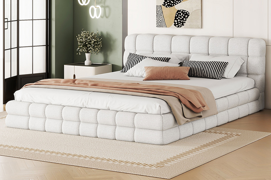Letto con piattaforma regolabile in tessuto peluche N20, struttura letto imbottita con letto a castello estraibile