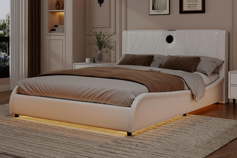 Letto con piattaforma regolabile N8 Letto moderno bianco morbido con struttura imbottita a LED