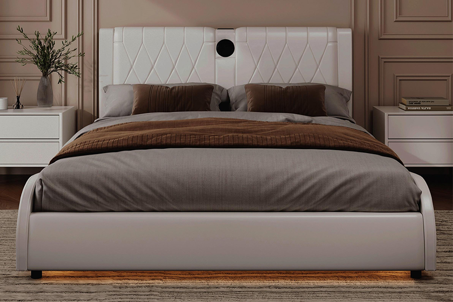 Letto con piattaforma regolabile N8 Letto moderno bianco morbido con struttura imbottita a LED