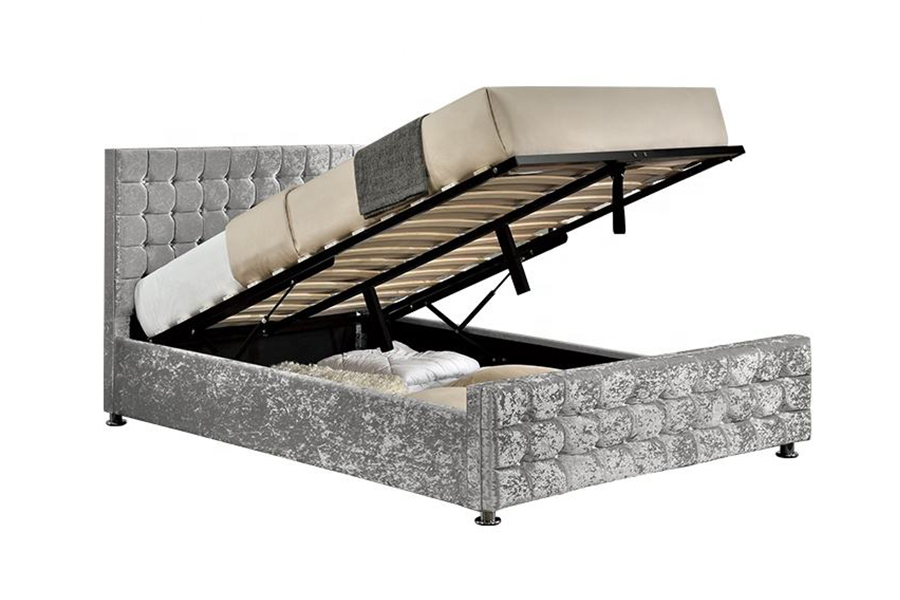 1150 Letto imbottito con struttura in legno in morbido tessuto