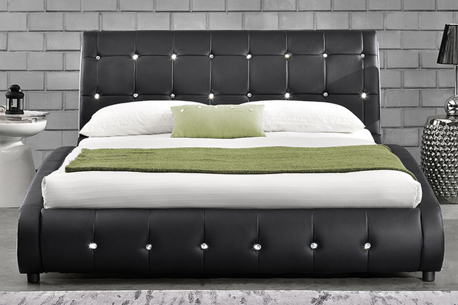 1144 Letto imbottito con struttura in legno massello decoro diamante