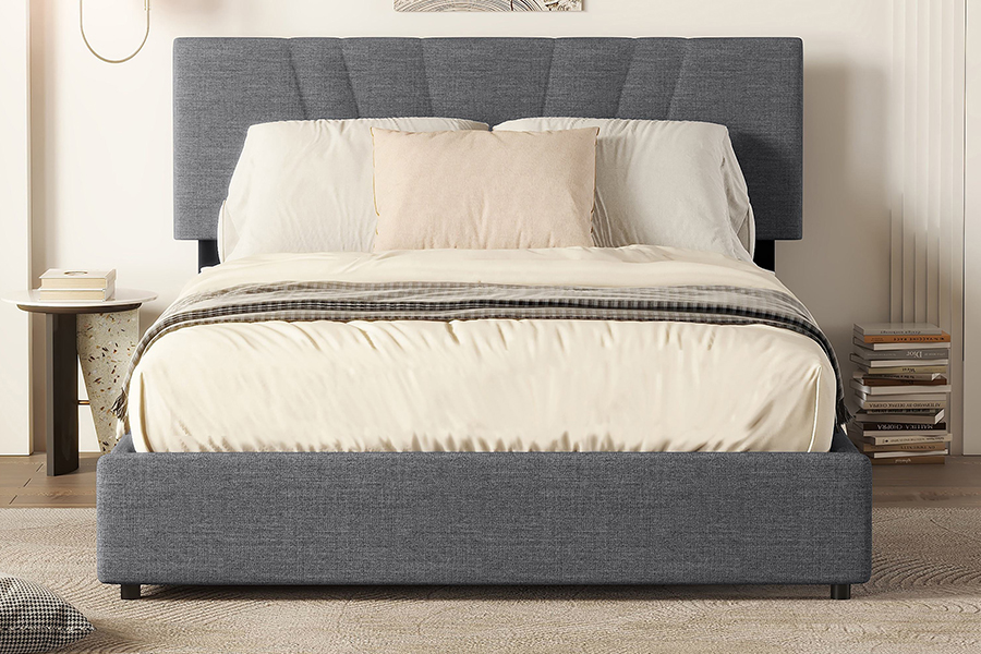 1307 Struttura letto imbottita con rivestimento in lino trapuntato marrone