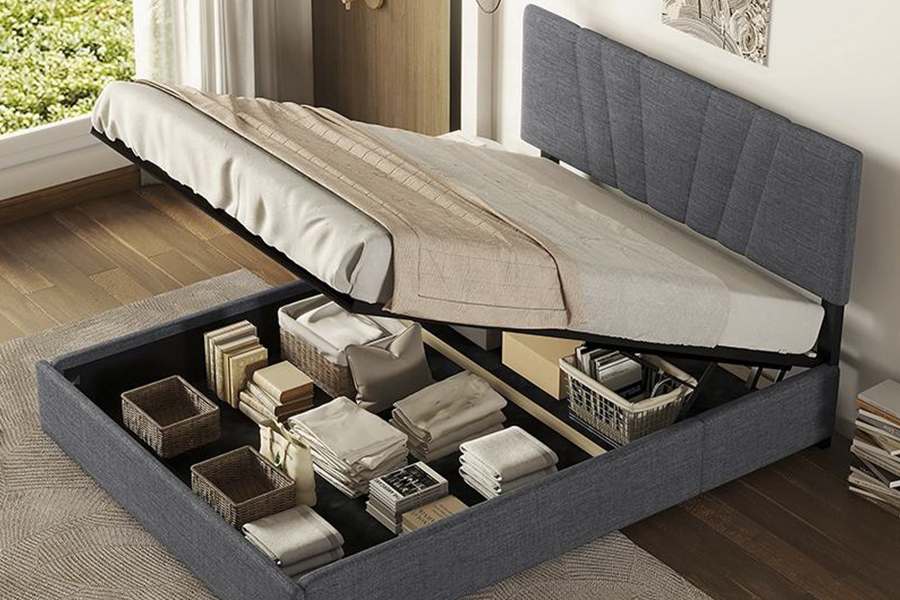 1307 Struttura letto imbottita con rivestimento in lino trapuntato marrone