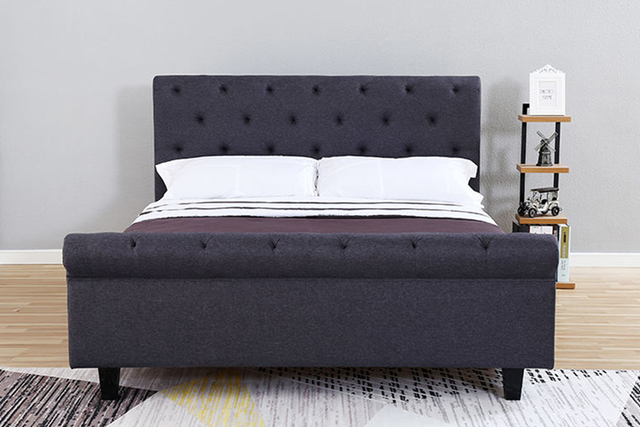 1307 Struttura letto imbottita con rivestimento in lino trapuntato marrone