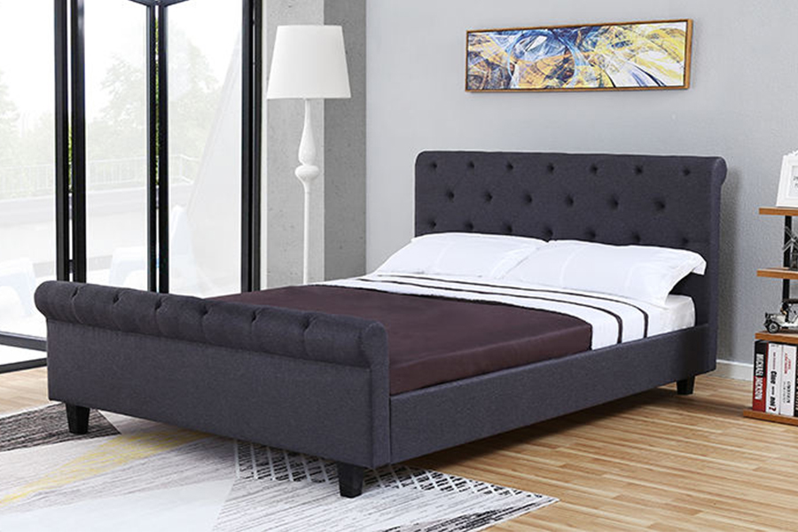1307 Struttura letto imbottita con rivestimento in lino trapuntato marrone