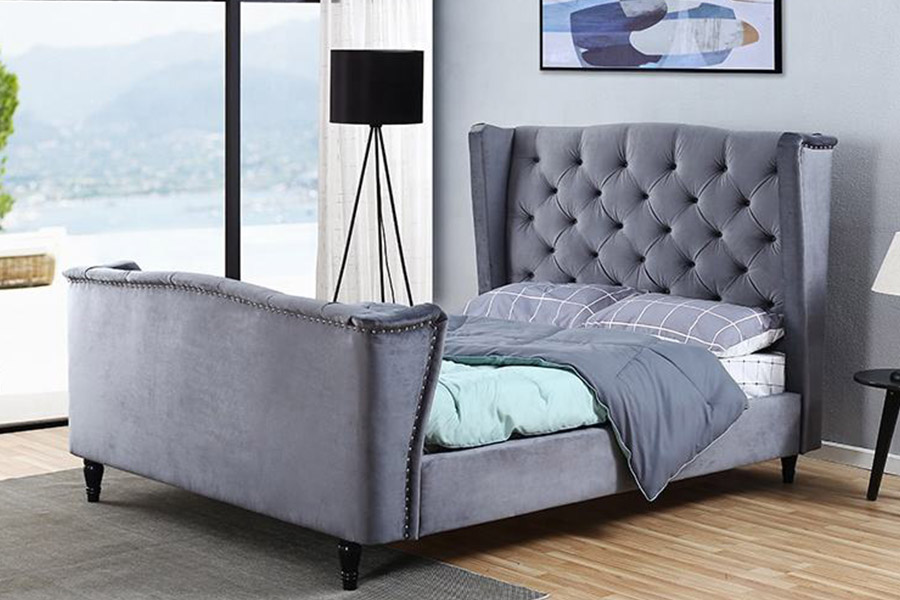 1399 Letto imbottito con bottoni Wingback in tessuto di velluto