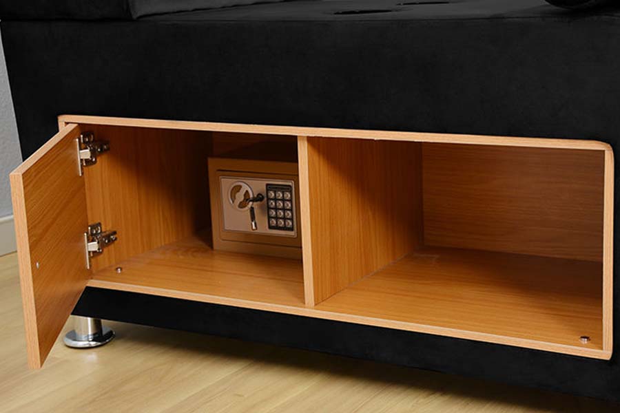 1550 Letto moderno matrimoniale in tessuto in pelle con struttura imbottita con contenitore