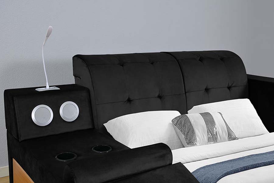 1550 Letto moderno matrimoniale in tessuto in pelle con struttura imbottita con contenitore