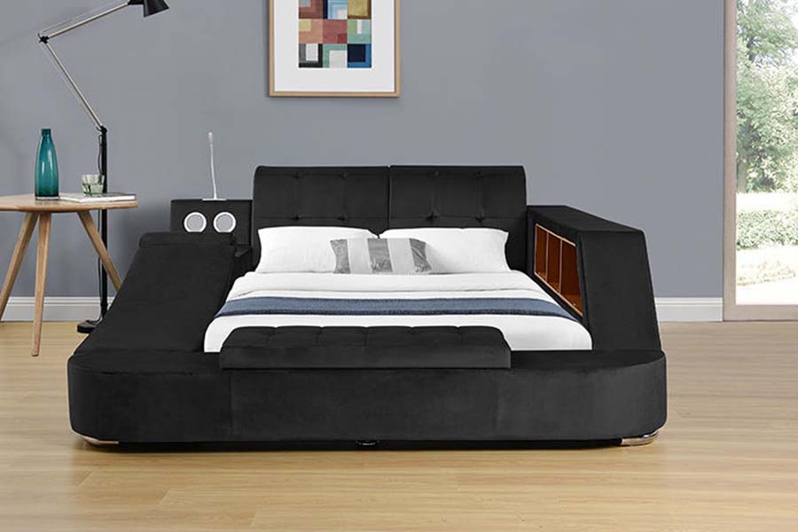 1550 Letto moderno matrimoniale in tessuto in pelle con struttura imbottita con contenitore