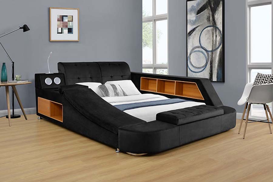 1550 Letto moderno matrimoniale in tessuto in pelle con struttura imbottita con contenitore