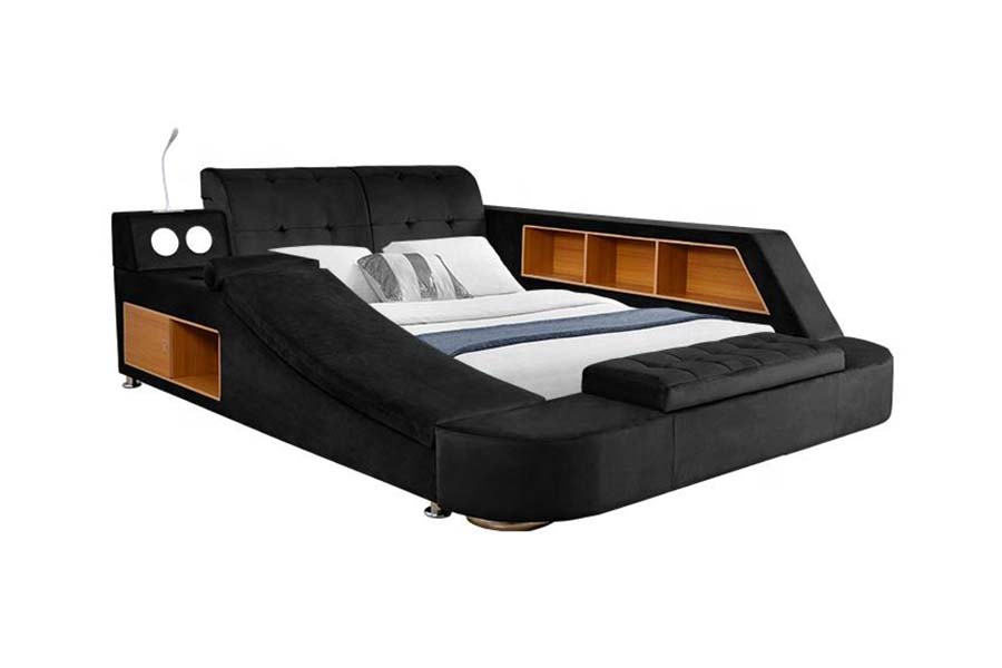 1550 Letto moderno matrimoniale in tessuto in pelle con struttura imbottita con contenitore