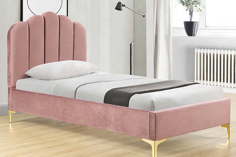 1655 Letto imbottito con piattaforma in tessuto di lino rosa