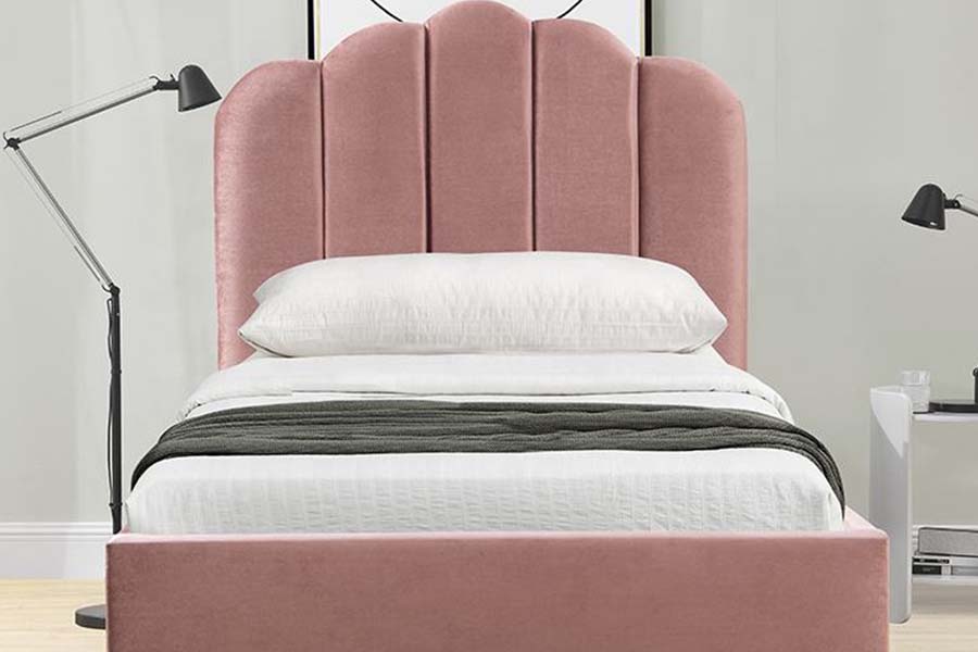 1655 Letto imbottito con piattaforma in tessuto di lino rosa