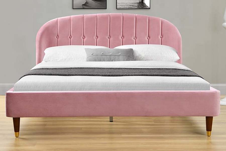 1598 Tessuto in velluto rosa con letto imbottito con pannelli in legno