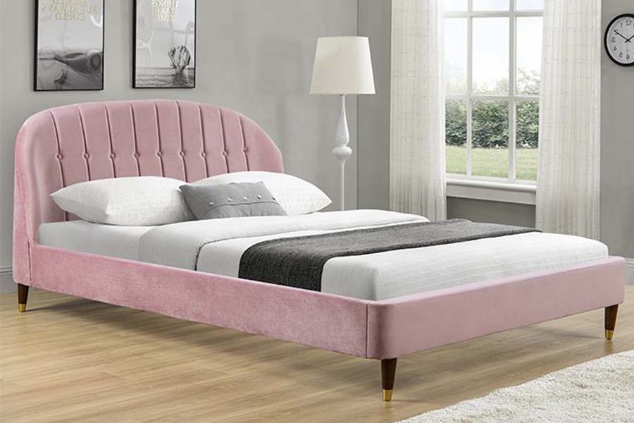 1598 Tessuto in velluto rosa con letto imbottito con pannelli in legno