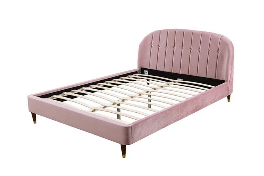 1598 Tessuto in velluto rosa con letto imbottito con pannelli in legno