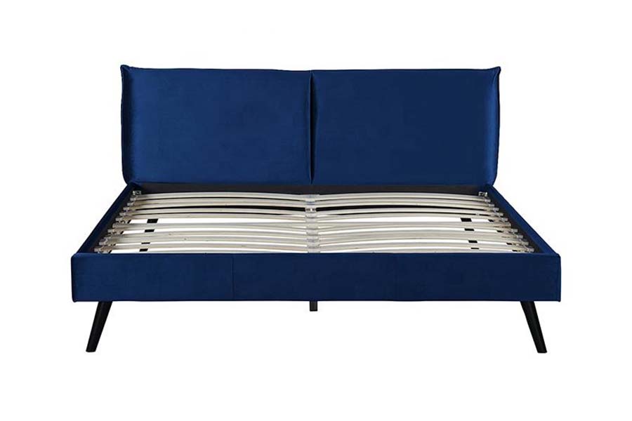 1494 Letto Queen con gambe in legno Letto imbottito con testiera morbida blu