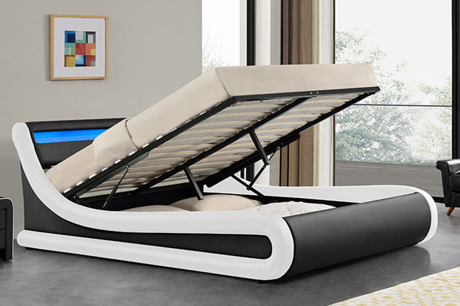 1138-1G Letto in pelle PU ottomana con sollevamento a gas a forma di onda a LED
