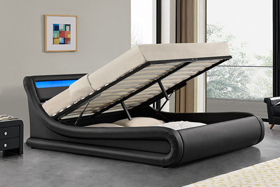 1138-1G Letto in pelle PU ottomana con sollevamento a gas a forma di onda a LED