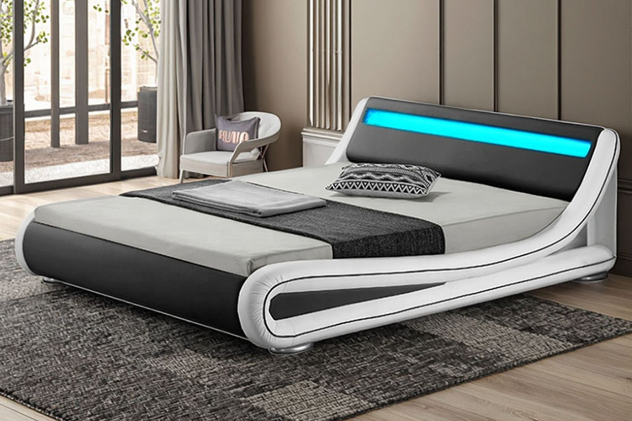1137-1 Struttura letto imbottita in pelle Smart LED King Storage