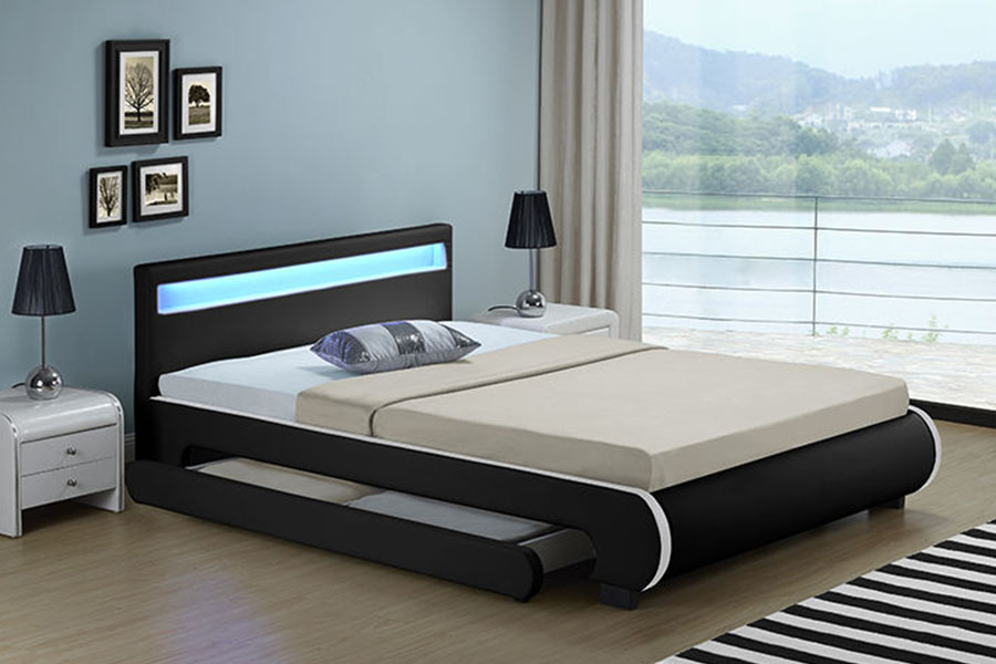 1135-1D Letto in pelle PU con cassetto imbottito con contenitore a LED