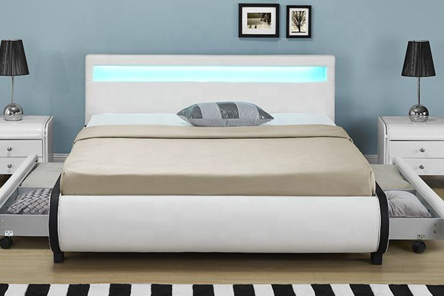 1135-1D Letto in pelle PU con cassetto imbottito con contenitore a LED