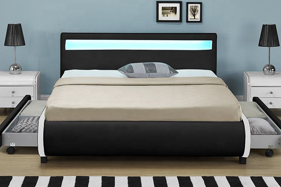 1135-1D Letto in pelle PU con cassetto imbottito con contenitore a LED