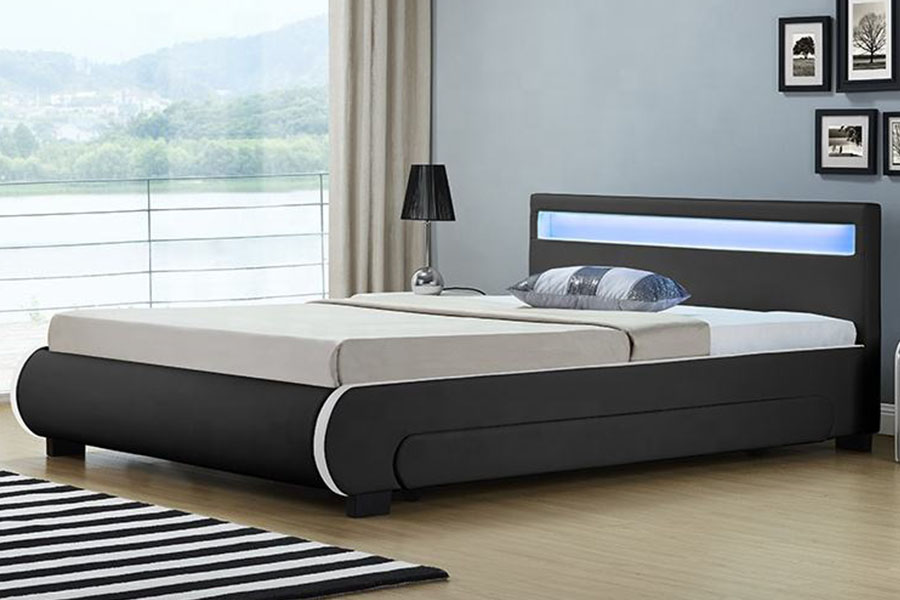 1135-1D Letto in pelle PU con cassetto imbottito con contenitore a LED