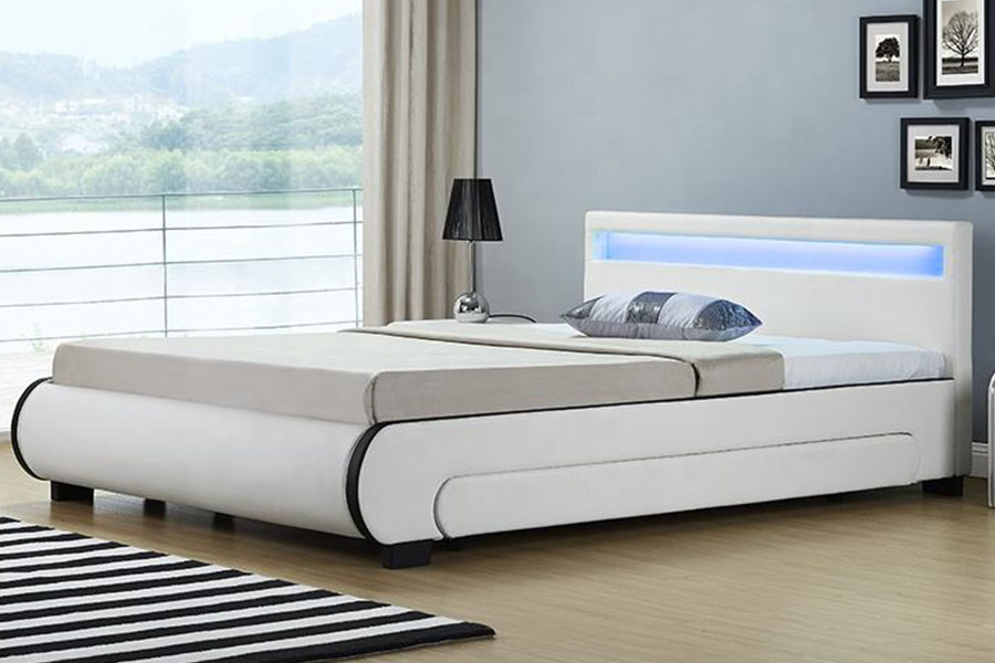 1135-1D Letto in pelle PU con cassetto imbottito con contenitore a LED